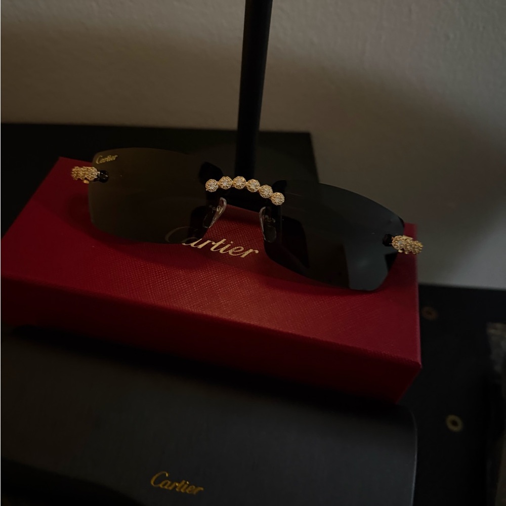 Cartier Black Lens Sunglasses with Gold & Crystal Details - Picture 3 of 4